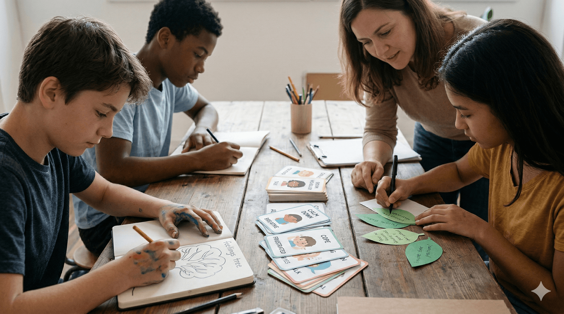 Students working on emotional vocabulary and coping skills